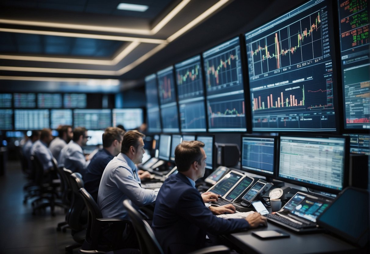 A busy trading floor with screens displaying news headlines and stock charts. Traders analyzing data and making quick decisions. The atmosphere is tense and fast-paced