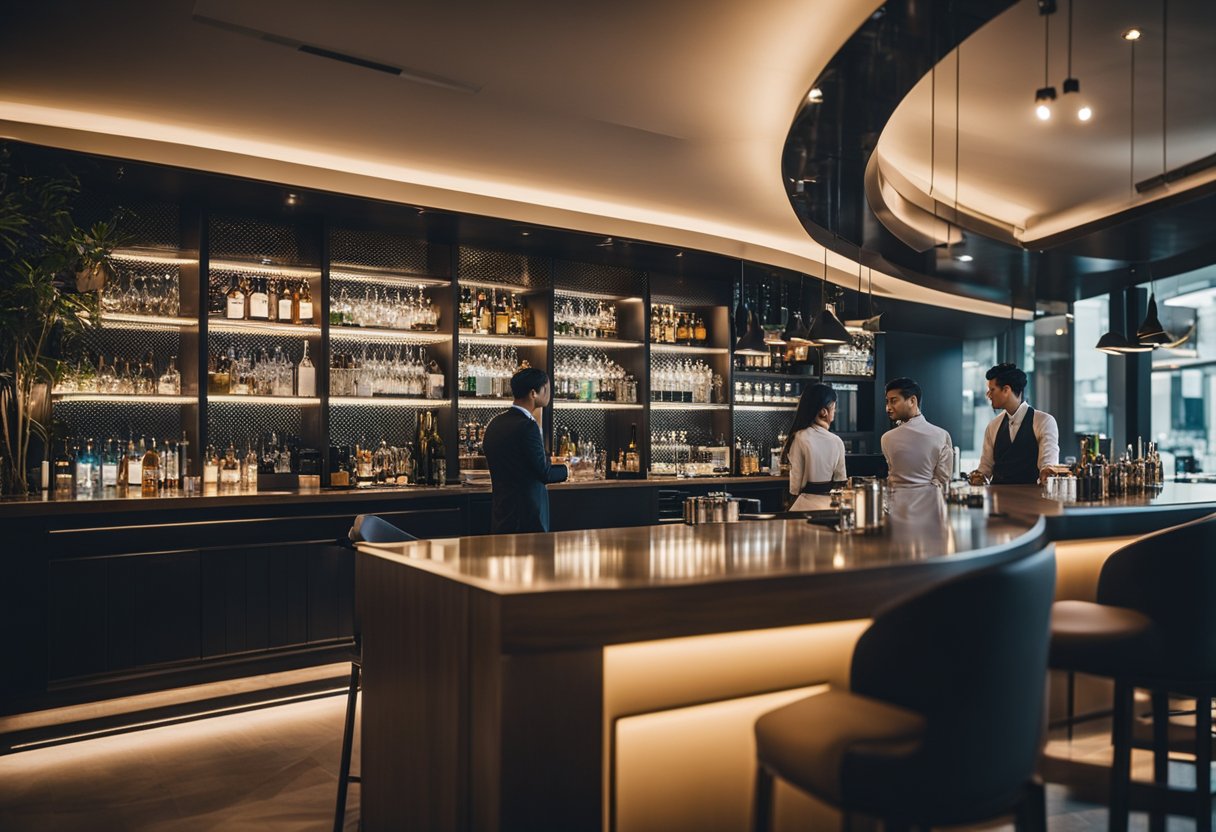 Customers are admiring sleek, modern bar counter furniture in a trendy Singaporean bar. The furniture features clean lines and luxurious materials, creating a sophisticated and inviting atmosphere