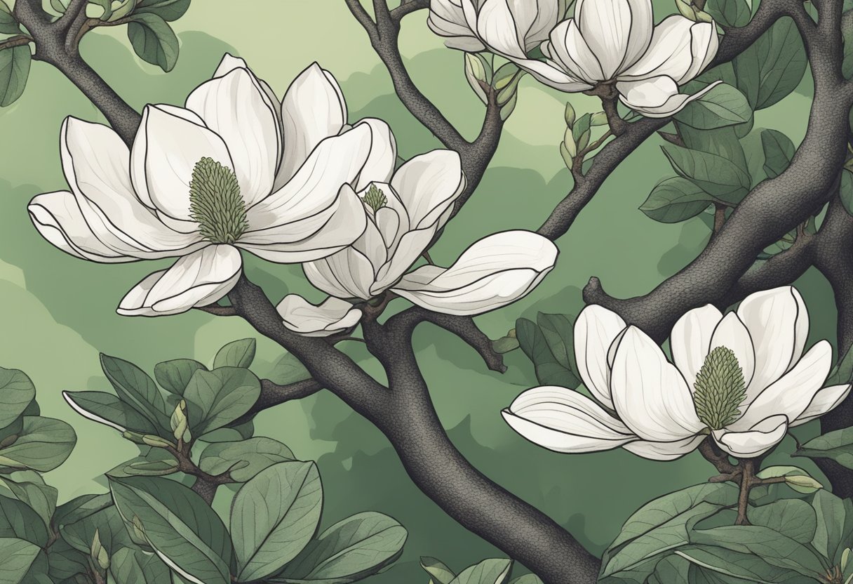 A blooming magnolia tree stands tall in a lush forest, symbolizing purity and beauty