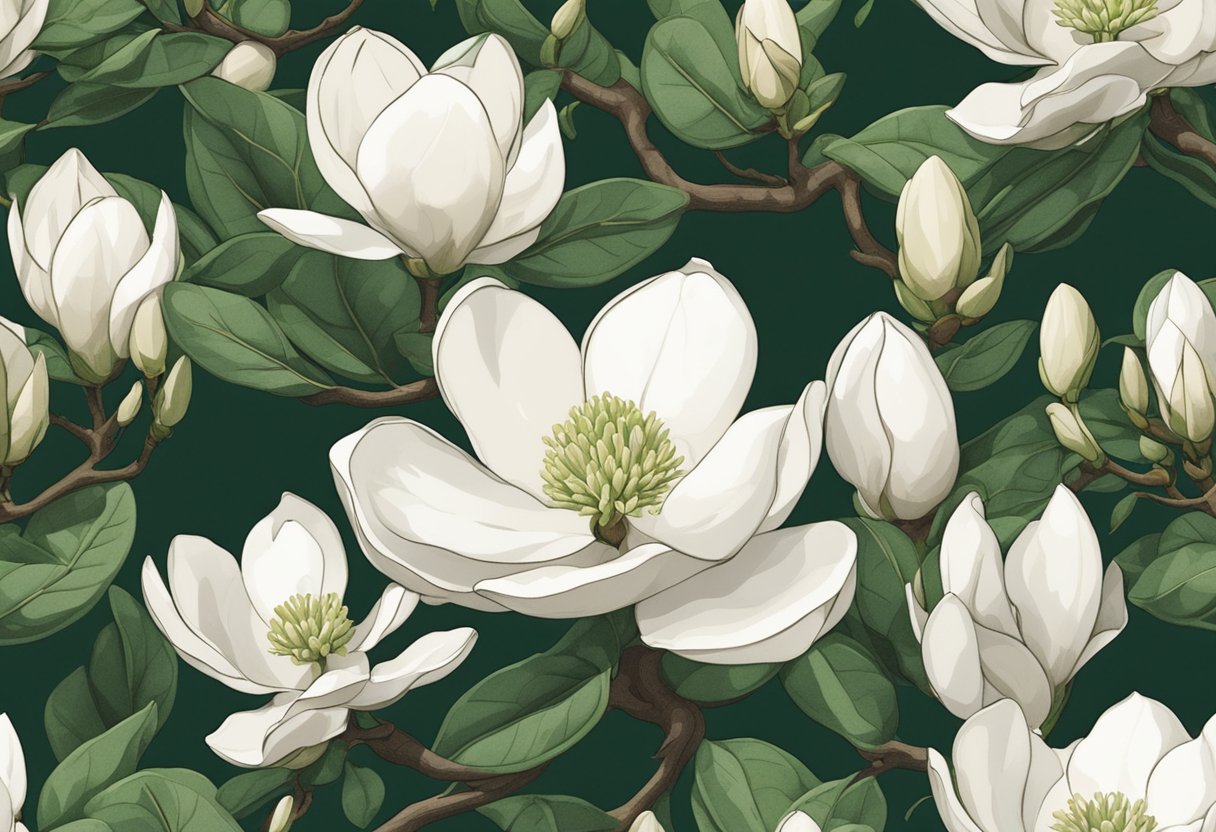 A blooming magnolia tree stands tall, with delicate white petals and lush green leaves, symbolizing new life and beauty