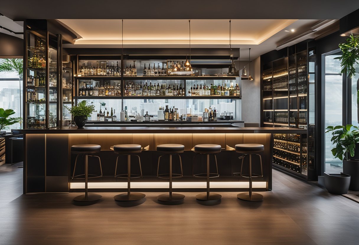 The bar counter in Singapore features sleek, modern furniture with functional add-ons like built-in shelves and hooks for hanging glassware