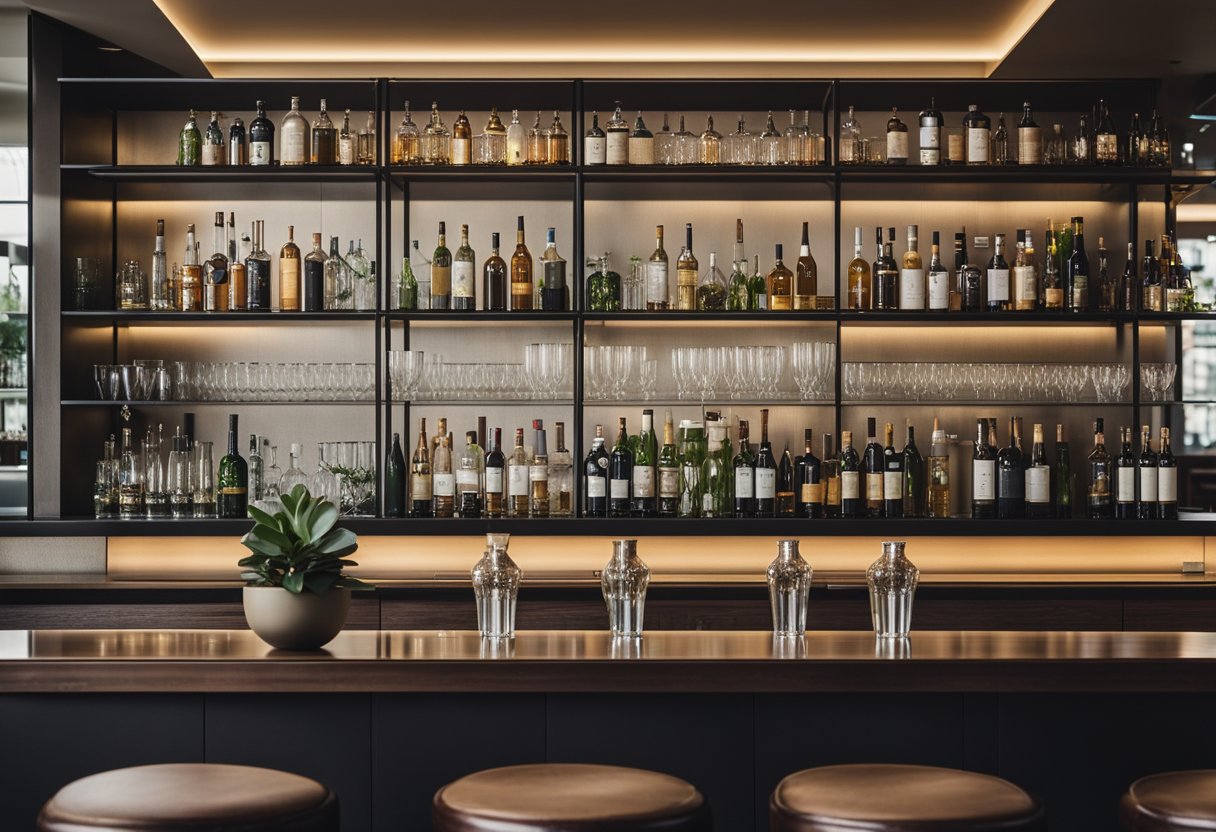 A sleek, modern bar counter with high stools and clean lines, set against a backdrop of stylish shelving filled with glassware and bottles