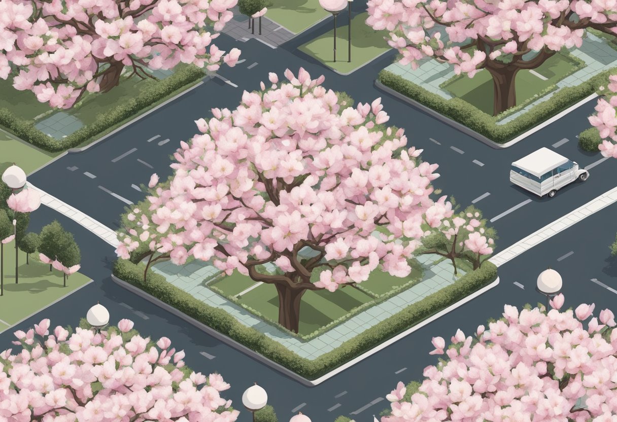 A magnolia tree stands tall, with delicate pink and white blossoms. Around it, various landmarks from different countries can be seen, symbolizing the global popularity of the name "Magnolia."