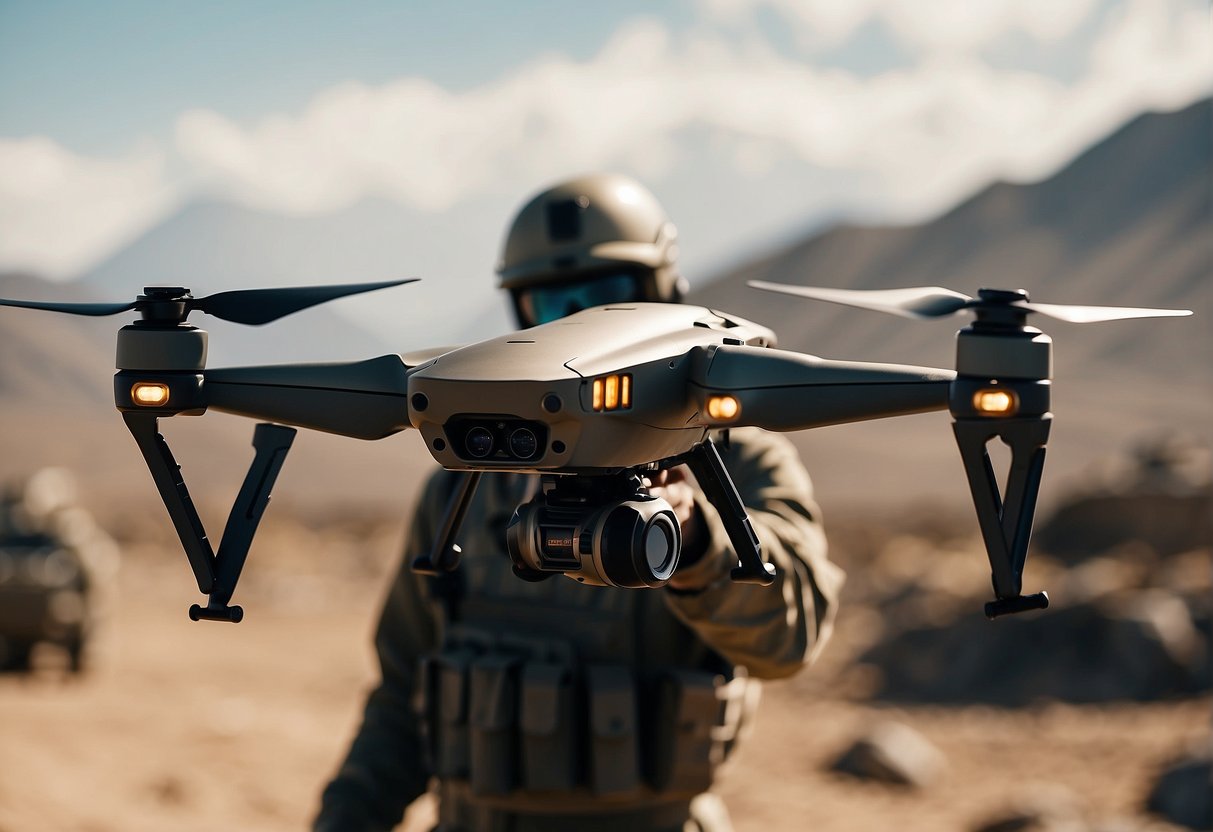 Military personnel operate AI drones in a war-torn landscape, with futuristic technology and weaponry in use