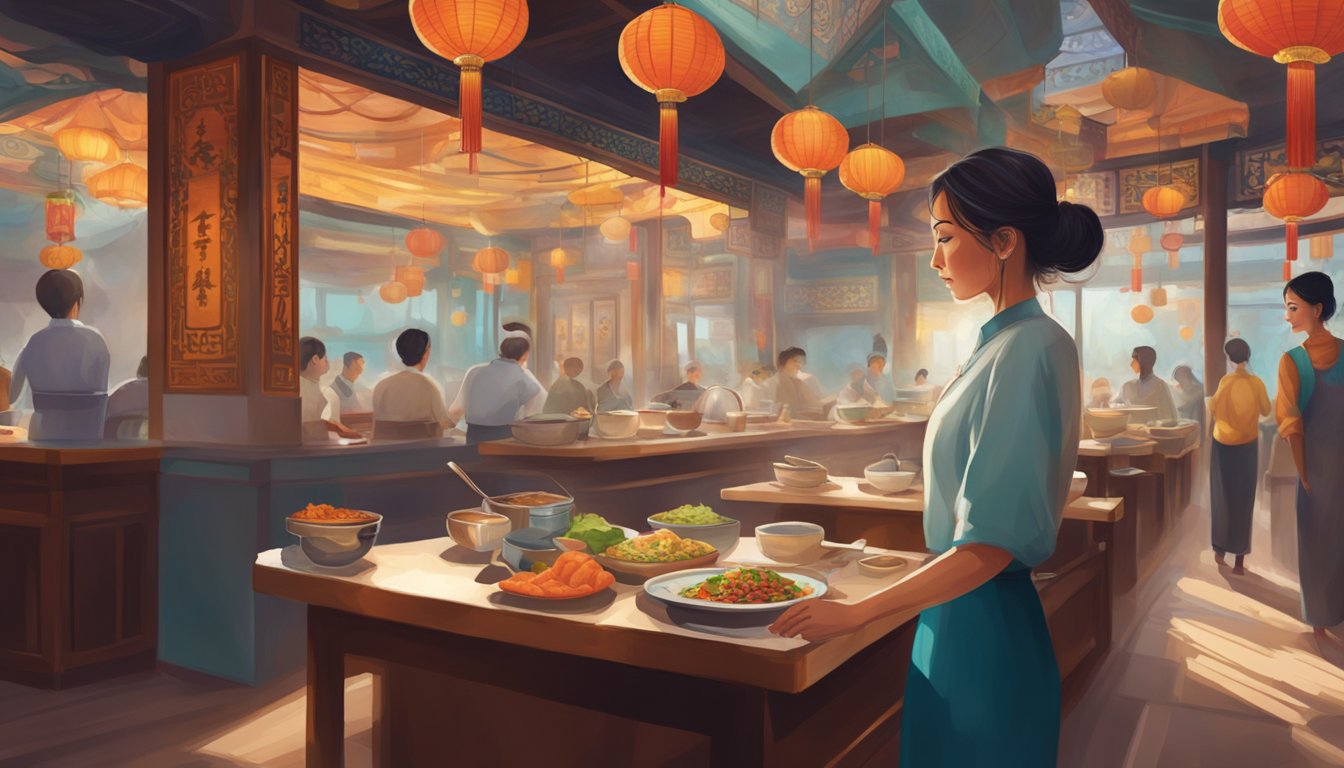 A tall girl stands in a bustling Chinese restaurant, surrounded by steaming dishes and colorful decor