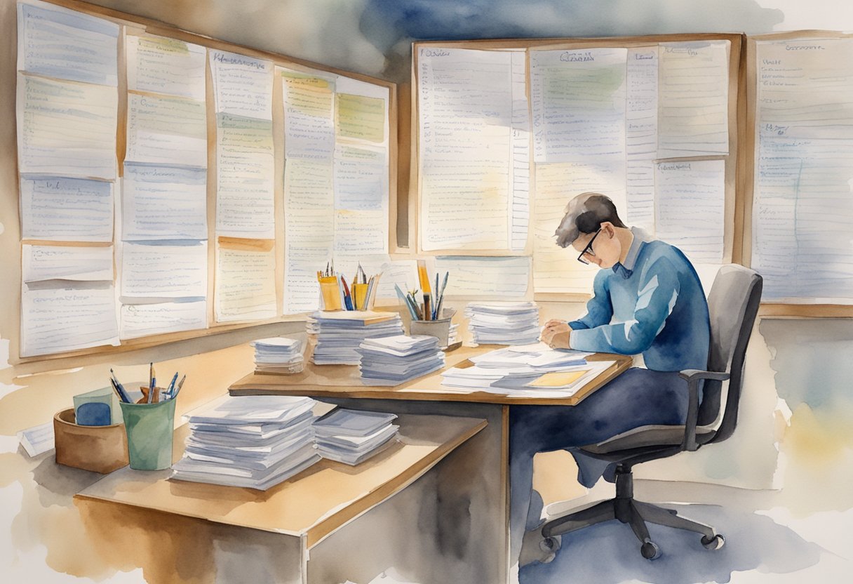 A person sits at a desk, surrounded by lists of strengths and interests. They are deep in thought, pondering potential business ideas