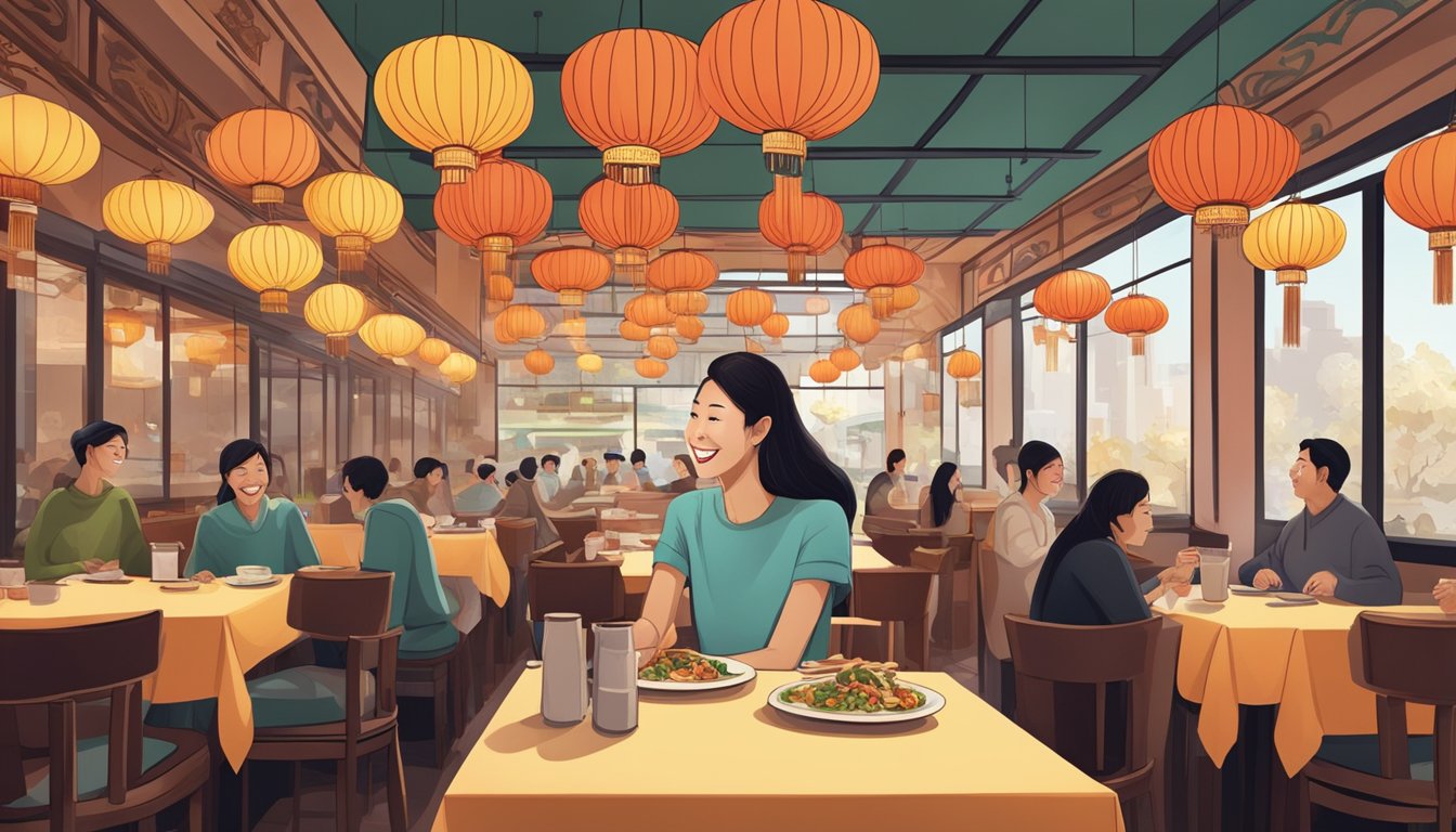 A tall girl smiles while enjoying Chinese cuisine at a bustling restaurant