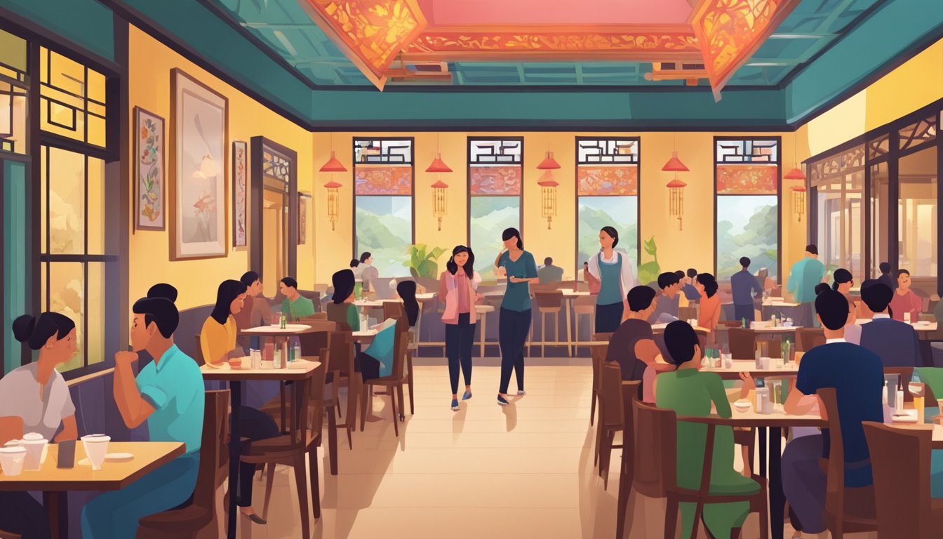 A tall girl stands in a bustling Chinese restaurant, surrounded by tables and colorful decor. Customers chat and eat while waiters hurry back and forth