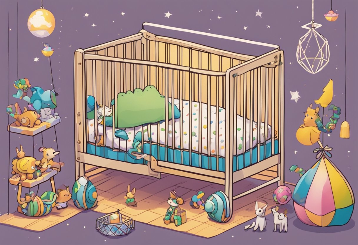 A crib with the name "Margot" written on it, surrounded by colorful toys and a mobile hanging above