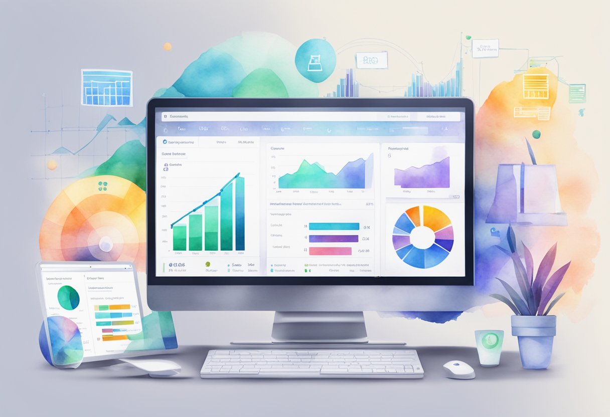 A computer screen displaying various e-commerce platforms and digital business opportunities. Graphs and charts show growth potential