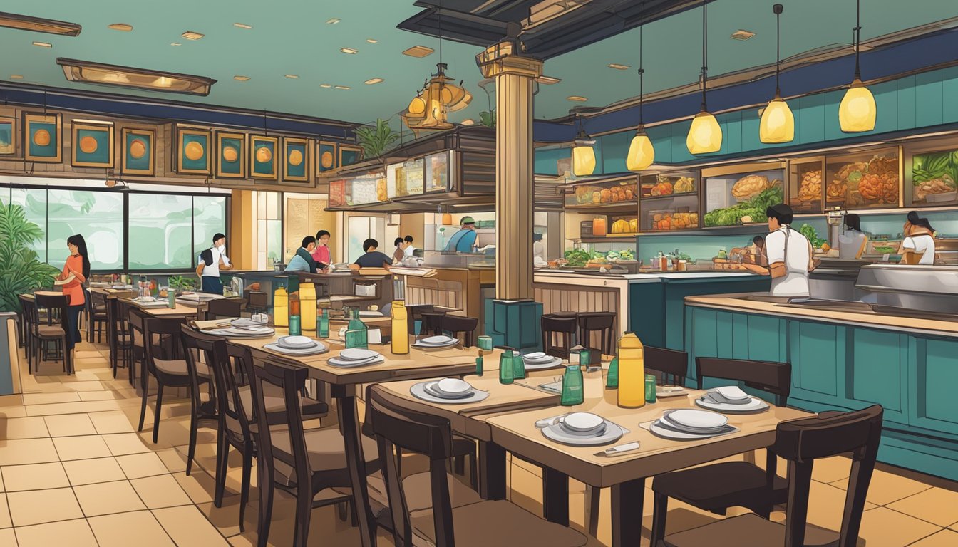 A bustling Thai restaurant at Tanglin Mall, filled with vibrant colors and aromatic scents. Diners enjoy a variety of authentic dishes while the chef skillfully prepares flavorful meals in the open kitchen