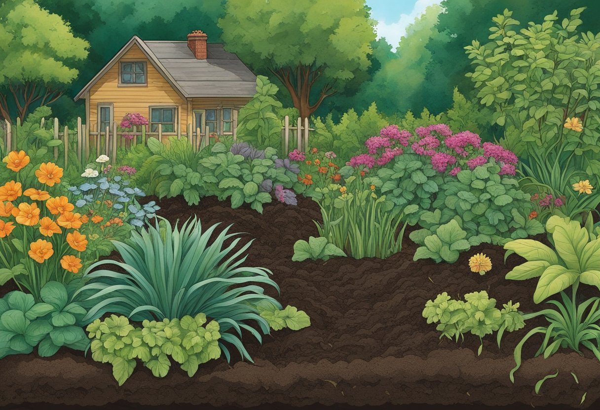 A lush garden bed with rich, dark soil teeming with earthworms and beneficial microorganisms. Compost and mulch layers add nutrients and retain moisture, while healthy plants thrive in the nutrient-rich earth