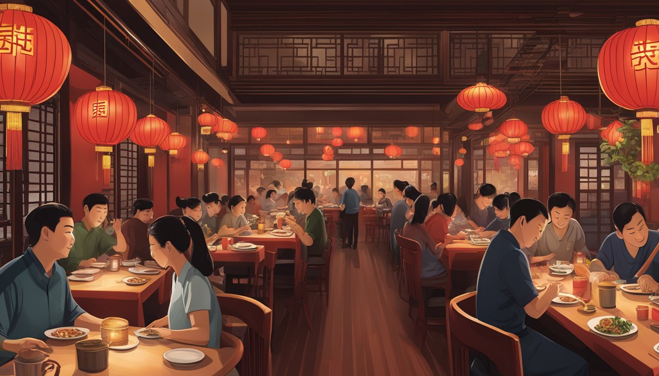 A bustling Chinese restaurant at MBFC, with red lanterns and dim lighting, filled with the aroma of sizzling stir-fries and the sound of clinking chopsticks