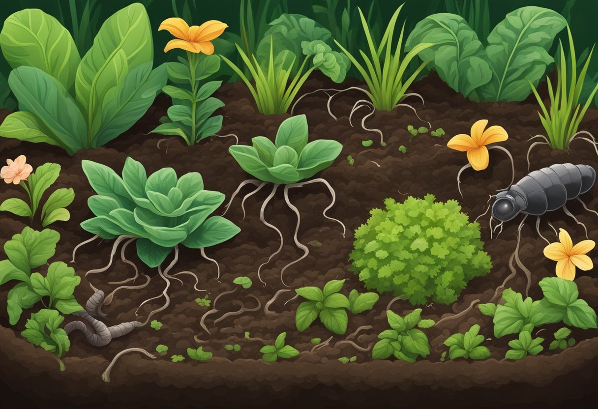 A lush garden with rich, dark soil teeming with earthworms and beneficial microorganisms. Green, healthy plants thrive in the nutrient-rich earth