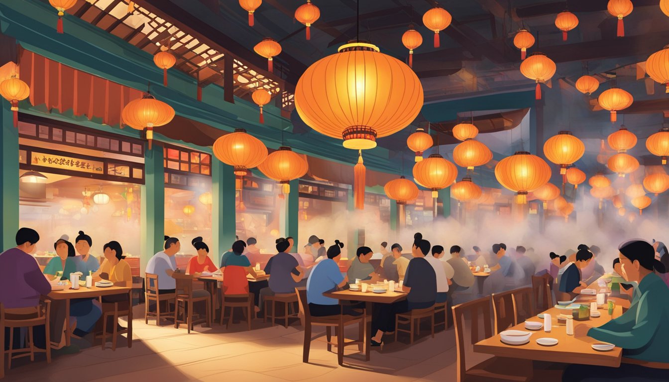 The bustling Low Yong Moh restaurant, filled with diners and steaming dishes. Aromatic smoke rises from sizzling woks, while colorful lanterns hang from the ceiling, casting a warm glow over the scene