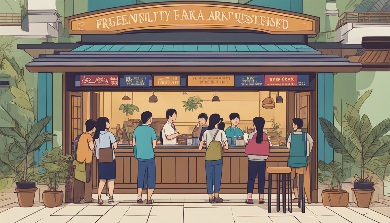 Customers lining up at the entrance of a bustling Thai restaurant in Tanglin Mall, with a sign prominently displaying "Frequently Asked Questions" in bold lettering