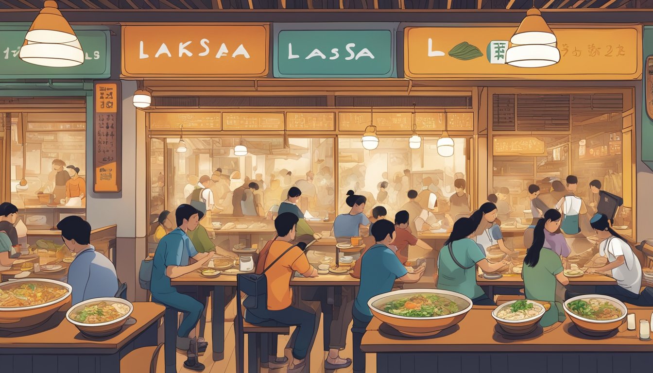 A bustling laksa restaurant with steaming pots, colorful ingredients, and a fragrant aroma filling the air. Customers eagerly slurp noodles at communal tables