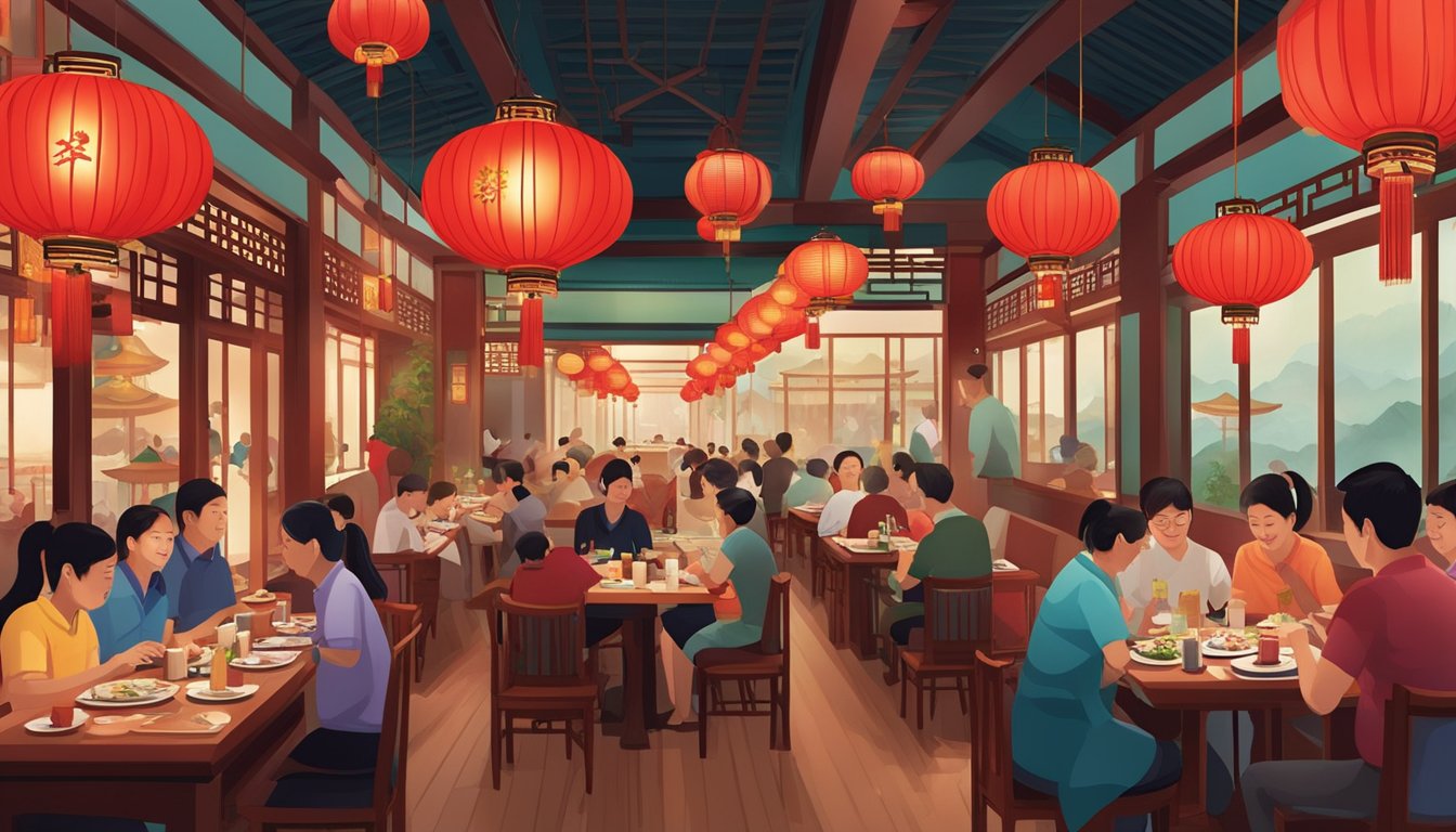Customers dining at Low Yong Moh restaurant, tables set with traditional Chinese dishes, red lanterns hanging from the ceiling, and a bustling, lively atmosphere