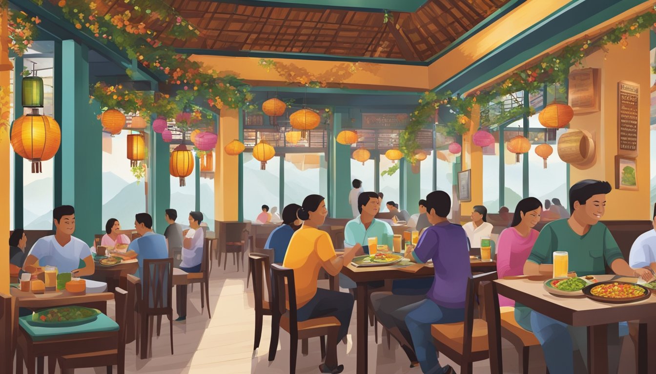 A bustling Nepali restaurant in Singapore, with colorful decor and aromatic spices filling the air