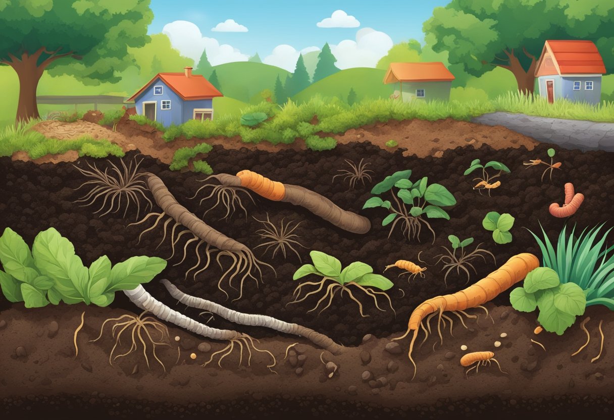 Rich, dark soil teeming with organic matter and beneficial microorganisms. Fertile ground with visible plant roots and earthworms. Compost and mulch layers adding nutrients to the soil