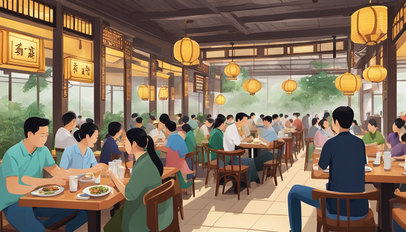The bustling interior of Low Yong Moh restaurant, with customers and staff engaged in conversation and dining, while the aroma of sizzling dishes fills the air