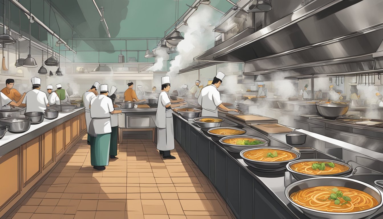 A bustling restaurant with customers lined up, steam rising from bowls of fragrant laksa, and chefs busy at work in the open kitchen