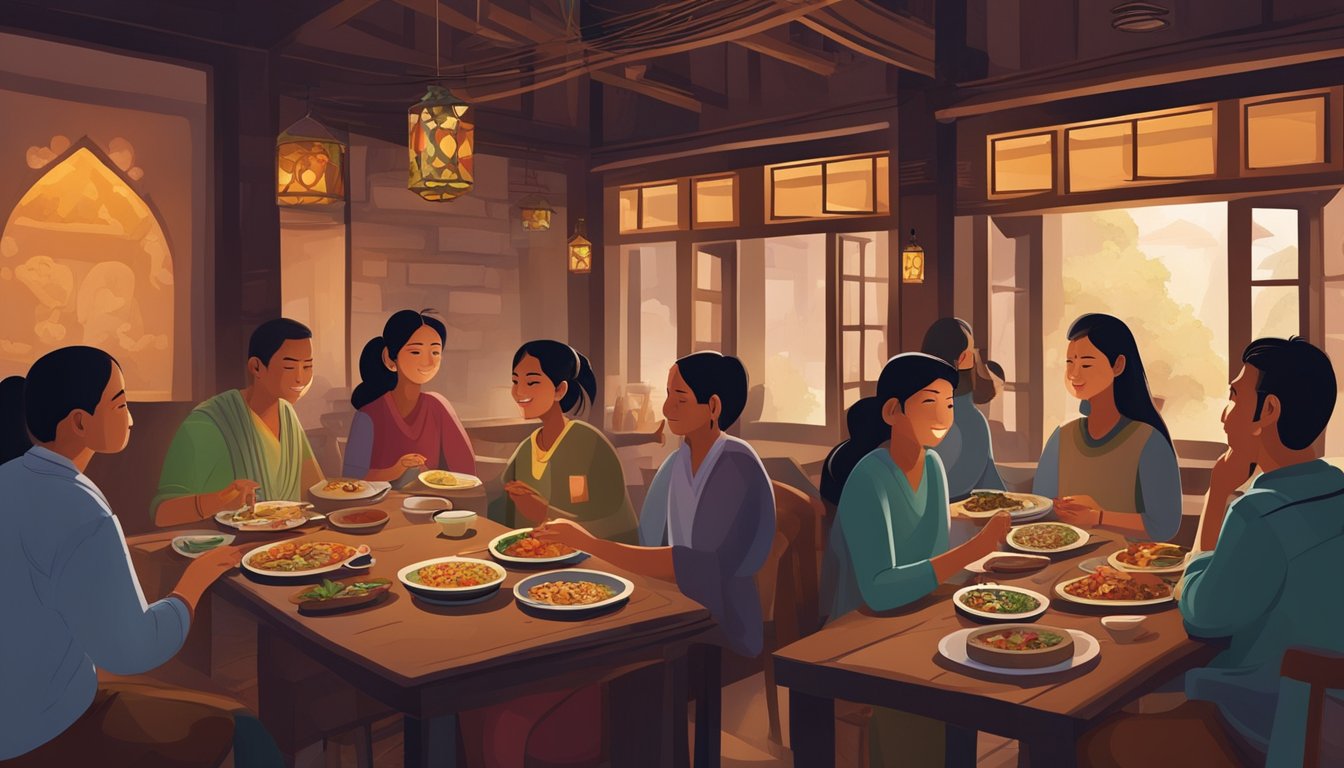 Customers enjoying traditional Nepali cuisine in a cozy, dimly lit restaurant. The aroma of spices and sizzling dishes fills the air as attentive staff members provide top-notch service