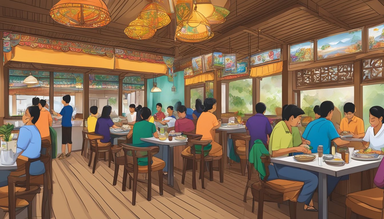 A bustling Nepali restaurant in Singapore, filled with colorful decor and aromatic spices. Customers enjoy traditional dishes while staff busily attend to their needs