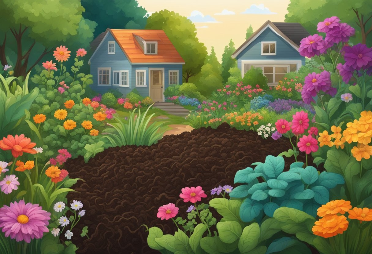 A lush garden with rich, dark soil teeming with earthworms and beneficial microorganisms. Compost piles nearby, surrounded by healthy plants and vibrant flowers