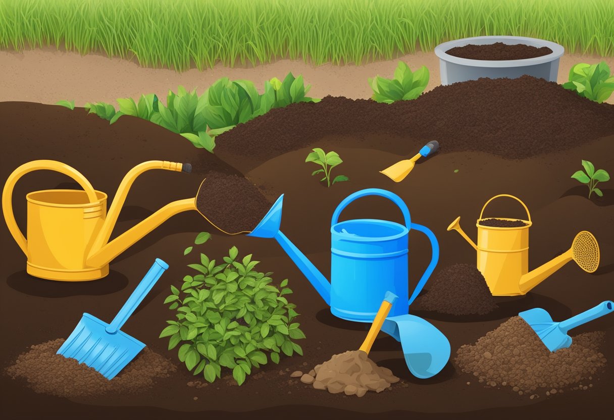 Organic soil being tended to with watering cans, compost, and mulch to maintain nutrient-rich earth for water management