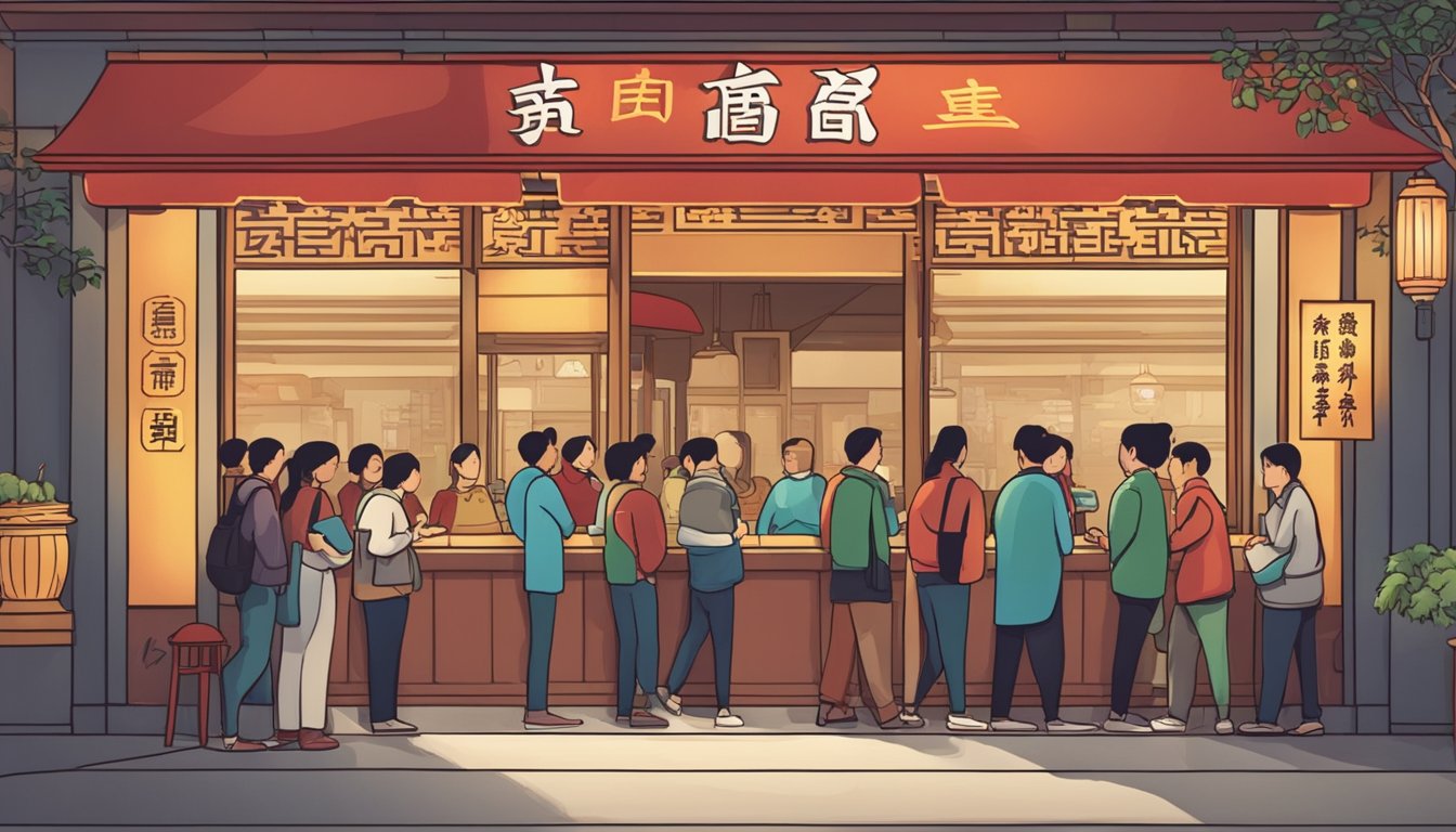 Customers line up at the entrance of a bustling Chinese restaurant with a sign that reads "Frequently Asked Questions mbfc chinese restaurant"