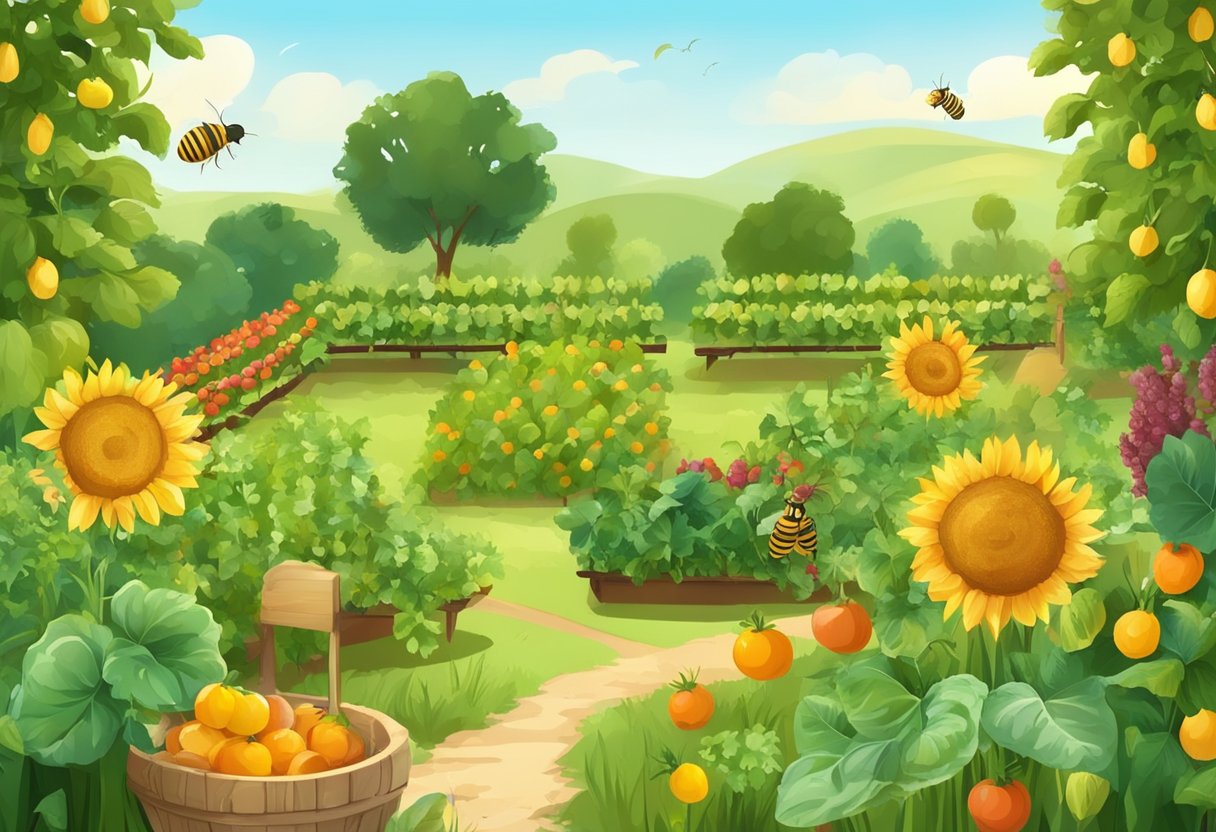 Lush garden with ripe vegetables and fruits, sun shining overhead. Calendar with highlighted dates for optimal harvesting. Busy bees and butterflies fluttering around