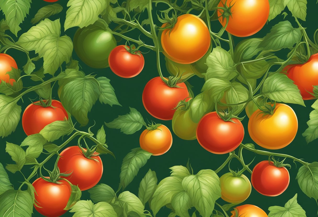 Lush, ripe tomatoes hang from the vine, surrounded by vibrant green leaves. The sun casts a warm glow on the garden, signaling the perfect time for harvest