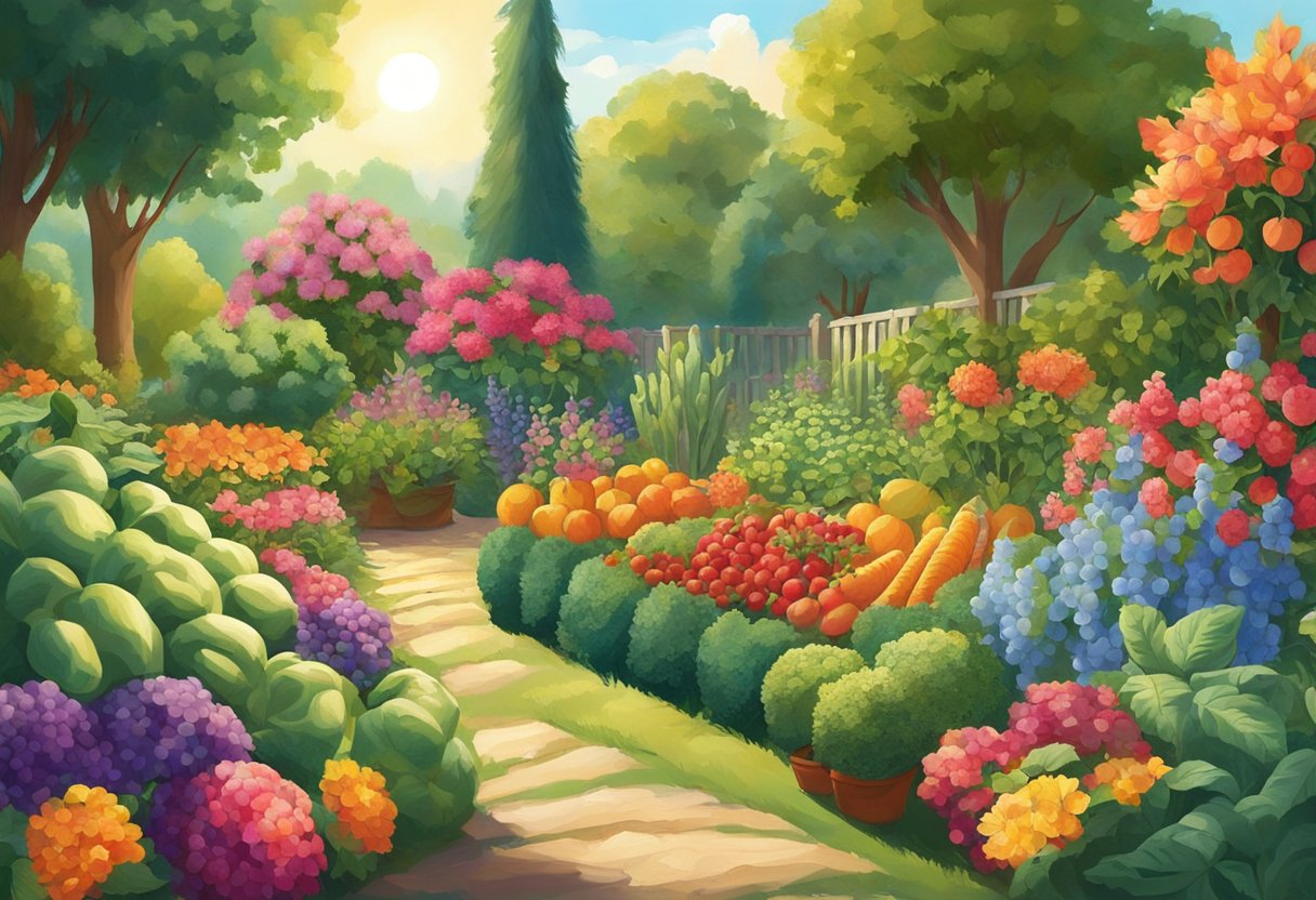 A lush garden bursting with ripe fruits and vegetables, with vibrant flowers in bloom. The sun is shining, casting a warm glow over the thriving plants, indicating the perfect time for harvest