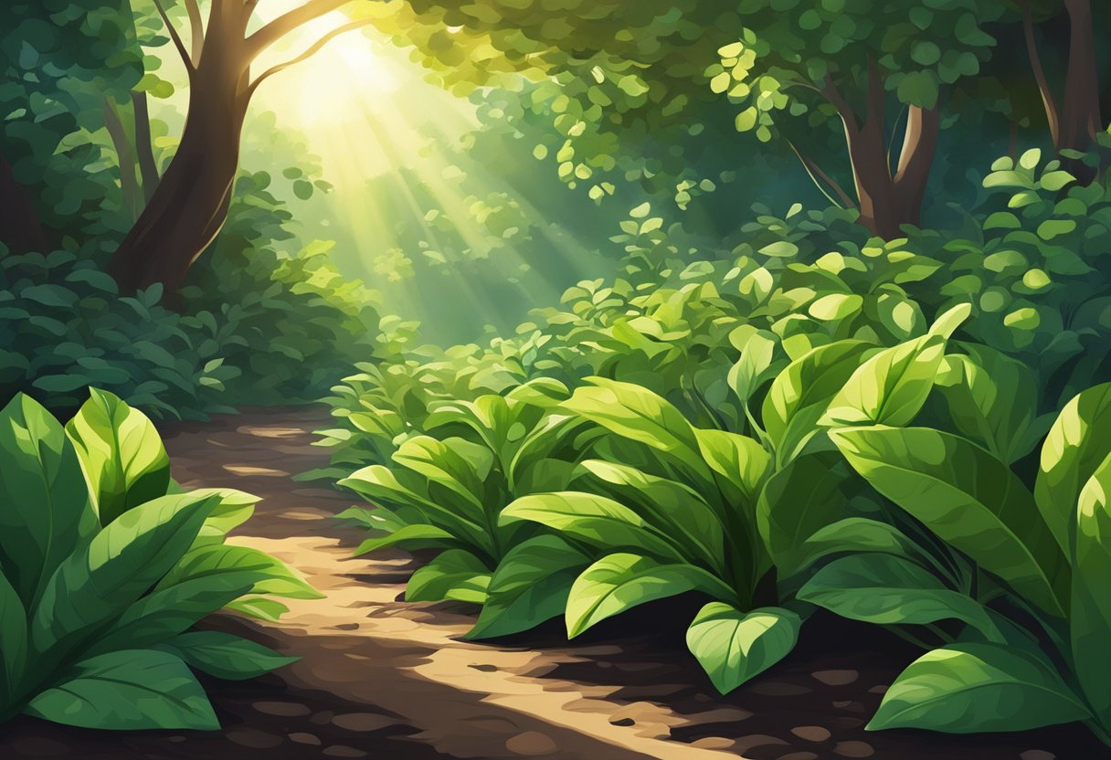 Lush green plants in rich, dark soil, with vibrant blooms and healthy leaves. Sunlight filters through the leaves, casting dappled shadows on the ground