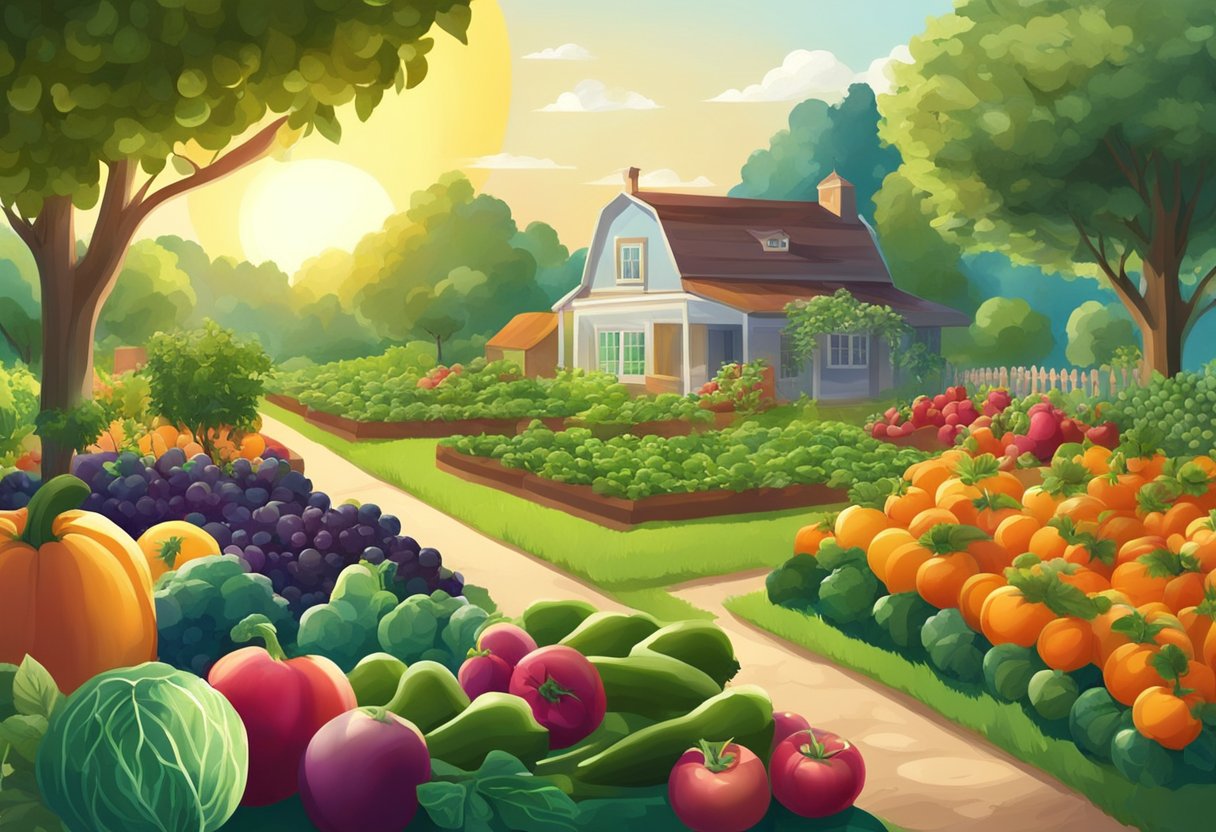 A garden filled with ripe fruits and vegetables, ready for harvest. The sun is shining, and the plants are vibrant and healthy, indicating the perfect timing for organic gardening