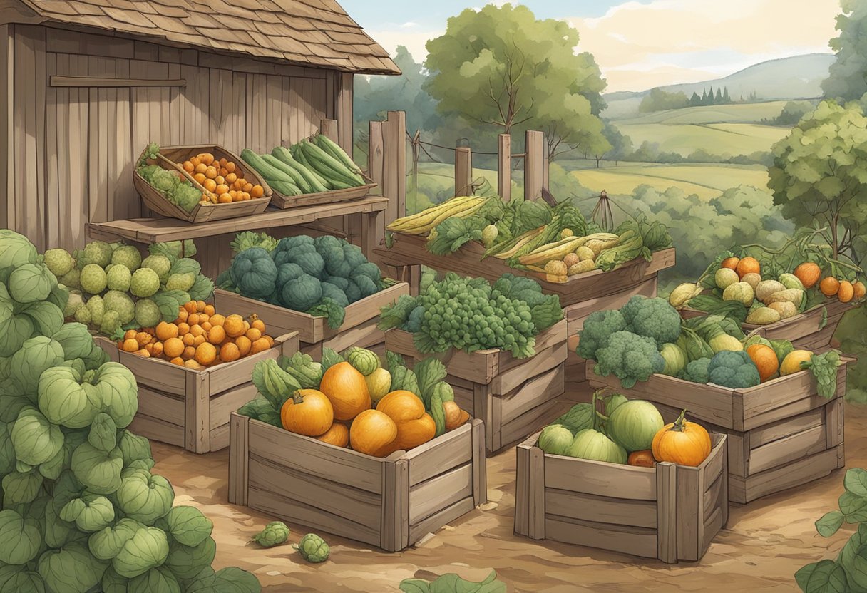 Mature vegetables and fruits are carefully picked and sorted in a rustic garden setting, ready for post-harvest handling