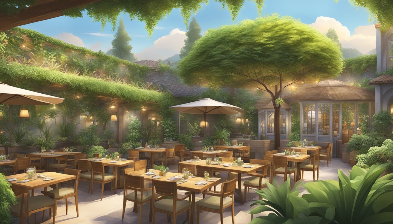 A lush garden surrounds the Daun Restaurant, with vibrant foliage and a serene atmosphere. The outdoor seating area is adorned with wooden furniture and soft lighting, creating a cozy and inviting ambiance