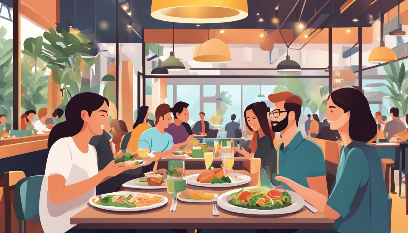 Customers enjoying keto-friendly dishes at a vibrant restaurant in Singapore, with colorful and appetizing food displayed on the tables