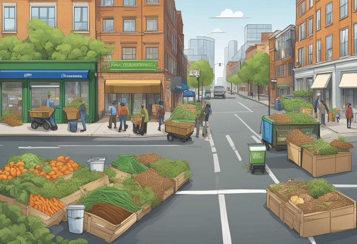 A bustling city street with diverse bins for food scraps, yard waste, and compostable materials. A large sign explains the importance of composting for organic waste management