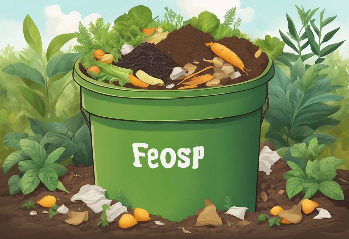 A pile of food scraps, yard waste, and paper decomposing in a compost bin, surrounded by healthy plants and soil