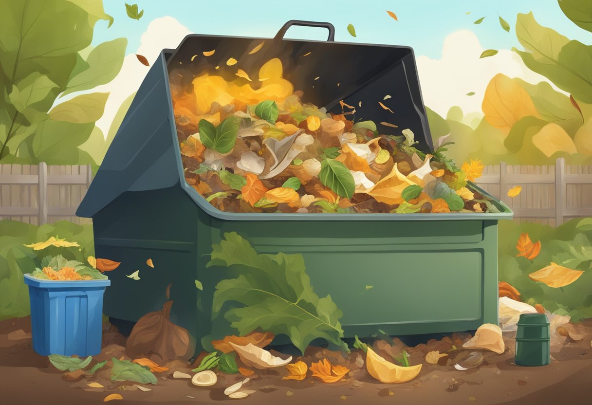 A pile of organic waste decomposes in a compost bin, releasing steam and emitting a rich, earthy smell. Various food scraps, leaves, and yard waste are visible in the mix