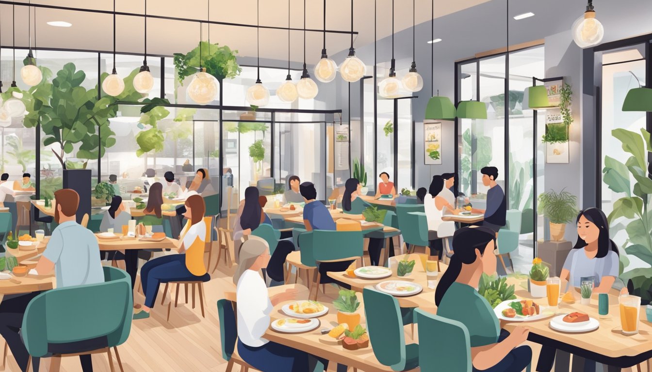 A bustling keto restaurant in Singapore, with customers enjoying low-carb meals and asking staff questions. Bright, modern decor and a menu board featuring keto-friendly options