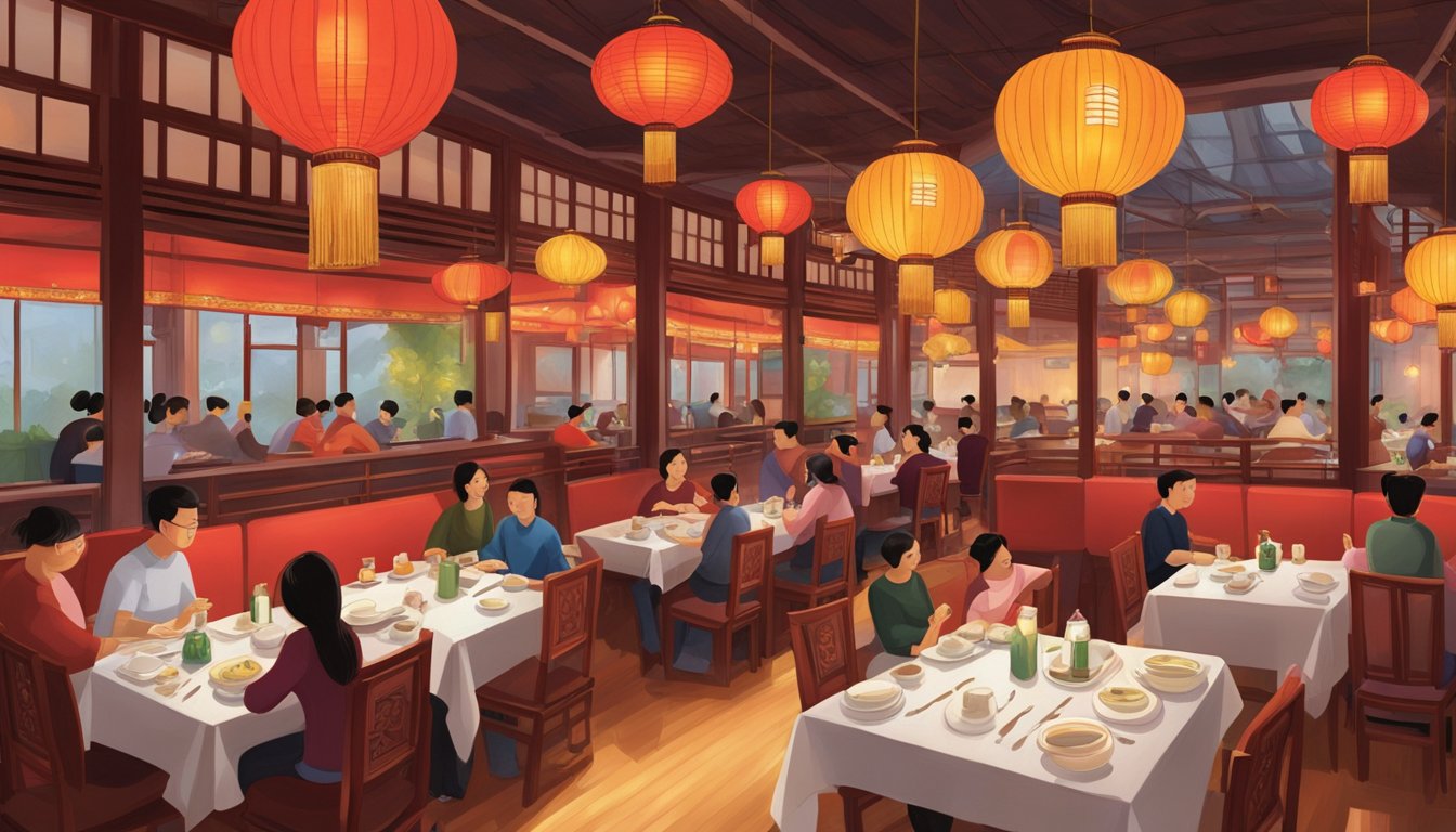 The Tong Lok Chinese restaurant bustles with diners enjoying traditional dishes under the warm glow of hanging lanterns. Tables are adorned with red tablecloths and delicate teapots, while the aroma of sizzling stir-fry fills the air