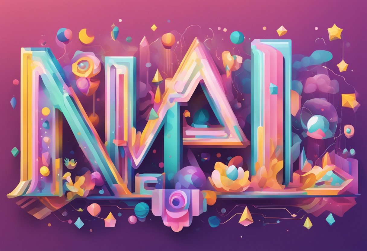 A modern baby name "Mae" displayed in bold font with colorful artistic elements surrounding it