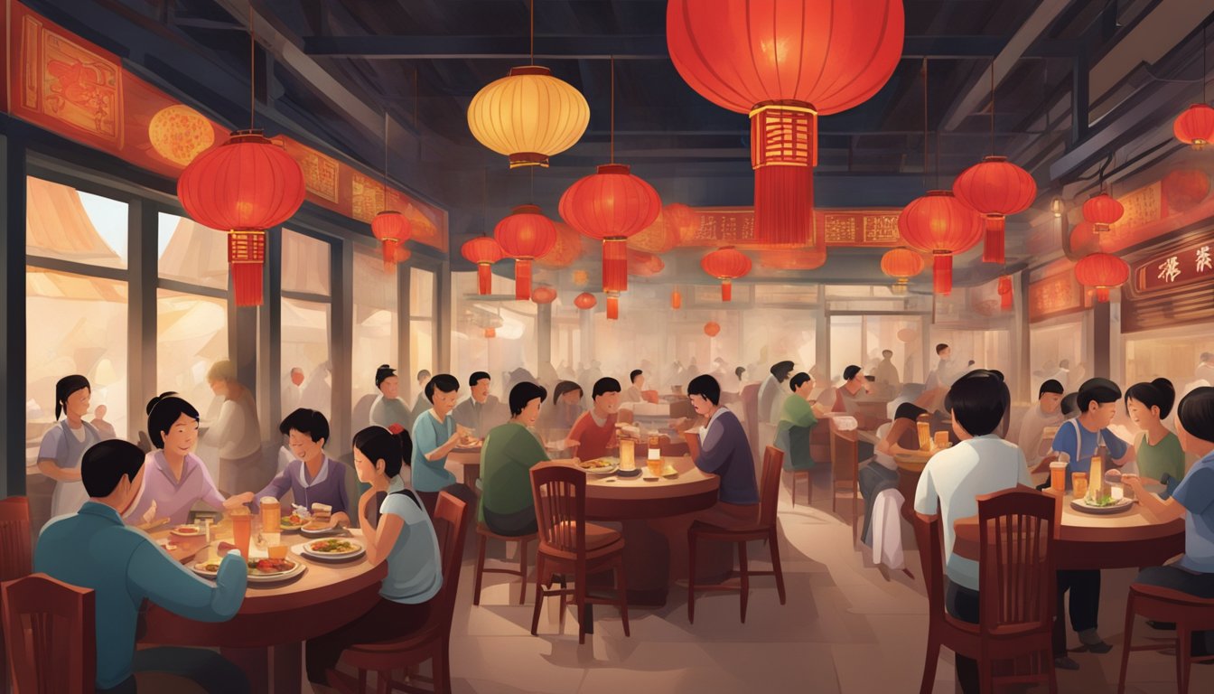 A bustling Chinese restaurant with red lanterns, round tables, and steaming dishes. Patrons chatting, waiters bustling, and the aroma of sizzling stir-fry fills the air