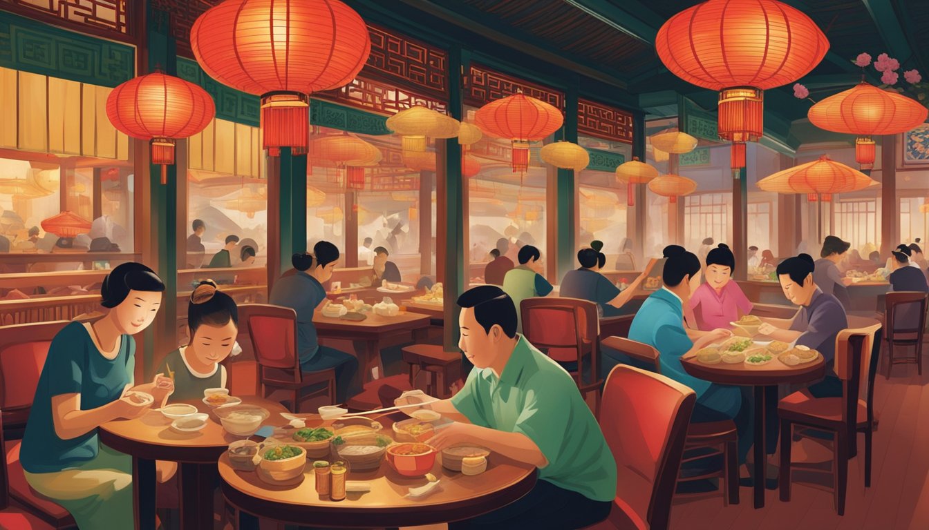 Customers sampling dim sum, stir-fried noodles, and Peking duck at Novena's bustling Chinese restaurant. Steam rises from bamboo baskets, and rich aromas fill the air. Red lanterns and ornate decor create a vibrant atmosphere