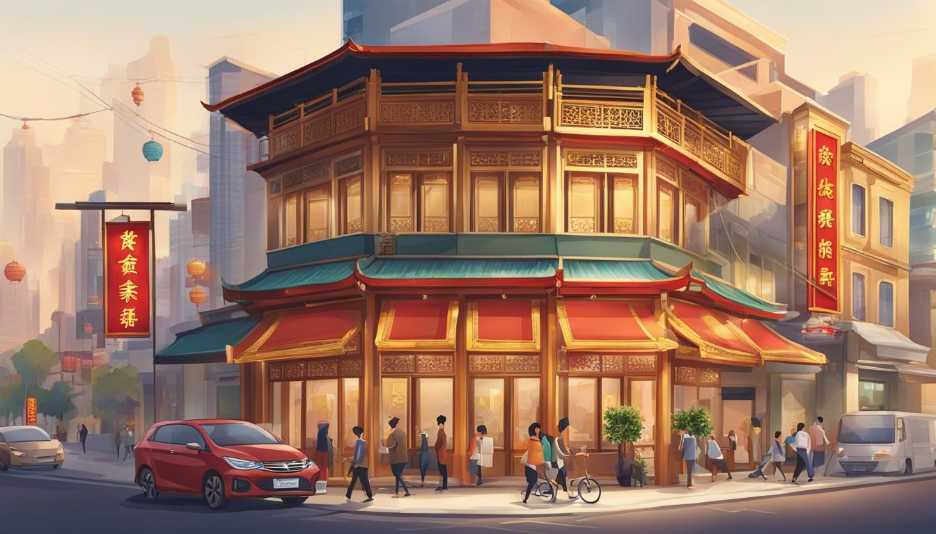 The exterior of Novena Chinese Restaurant, with a red and gold sign, surrounded by bustling streets and a mix of traditional and modern architecture