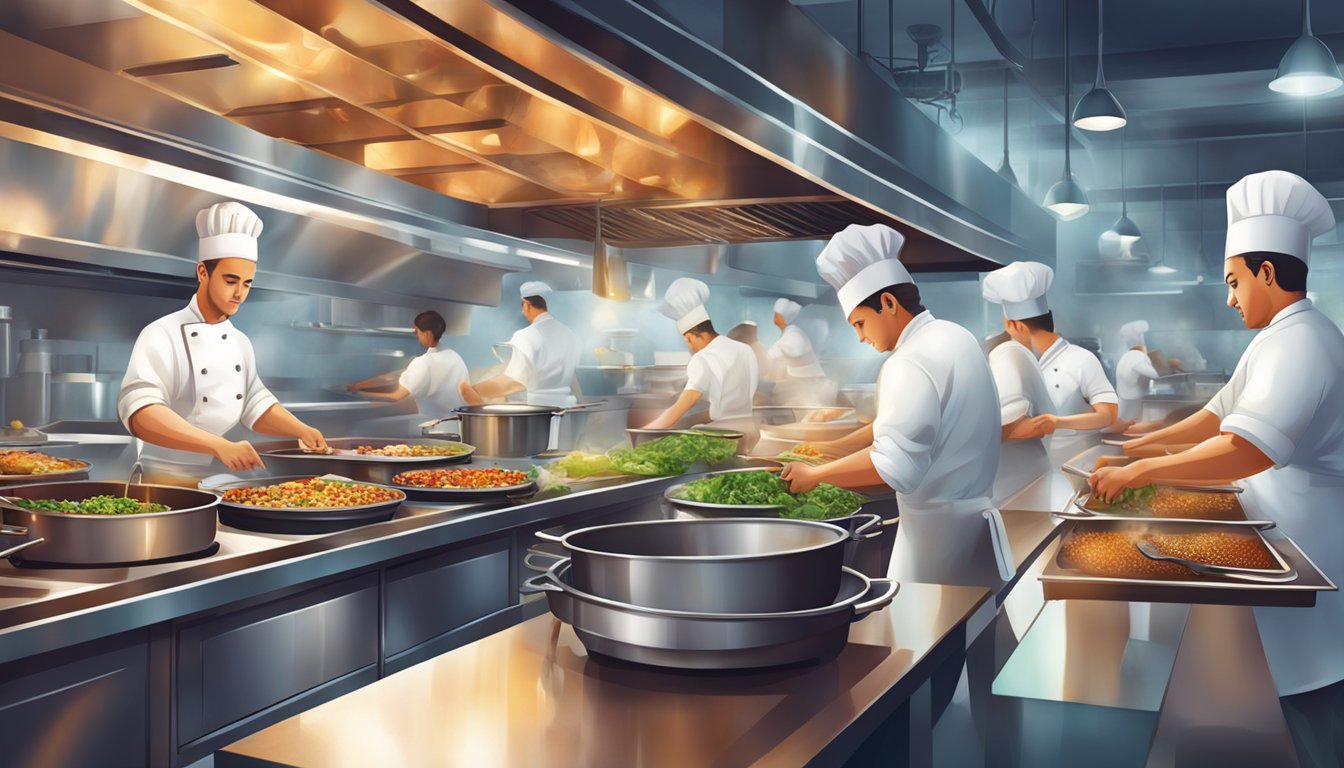 A bustling restaurant kitchen with chefs preparing delectable dishes amidst the aroma of sizzling spices and bubbling sauces