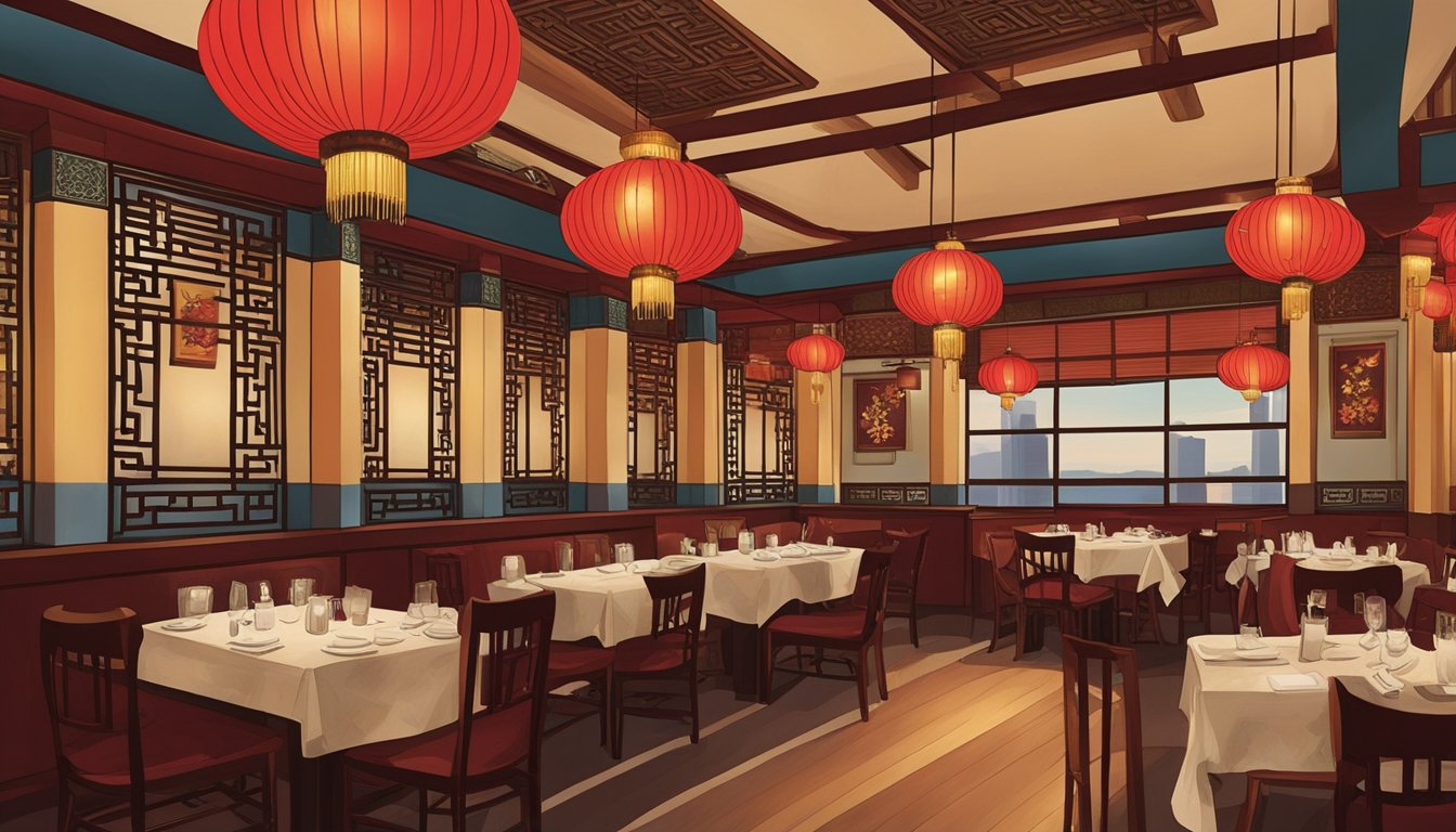 The Paragon Chinese restaurant bustles with diners enjoying traditional decor and authentic cuisine. Red lanterns hang from the ceiling, casting a warm glow over the elegant wooden tables and intricate artwork adorning the walls